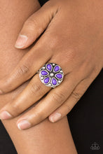 Load image into Gallery viewer, Vivacious purple beads are pressed into a studded silver frame, creating a colorful floral centerpiece atop the finger. Features a stretchy band for a flexible fit.  Sold as one individual ring.  Always nickel and lead free. 