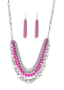 Mismatched silver chains layer below the collar for a bold industrial look. Painted in a flirty finish, a shiny pink chain drapes between the shimmery silver chains for a vivacious finish. Features an adjustable clasp closure.  Sold as one individual necklace. Includes one pair of matching earrings.