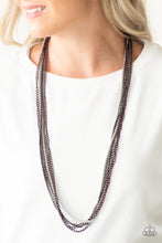 Load image into Gallery viewer, Brushed in a metallic finish, purple chains collide with mismatched gunmetal and silver chains across the chest. Shimmery silver and gunmetal popcorn chains join the colorful layers, adding shimmery metallic texture to the spunky mixed palette. Features an adjustable clasp closure.  Sold as one individual necklace. Includes one pair of matching earrings.  Always nickel and lead free.