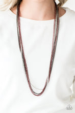 Load image into Gallery viewer, Painted in a fiery finish, bright red chains join shimmery gunmetal and silver chains. Shimmery silver and gunmetal popcorn chains join the colorful layers, adding shimmery metallic texture to the spunky mixed palette. Features an adjustable clasp closure.  Sold as one individual necklace. Includes one pair of matching earrings.  Always nickel and lead free.