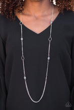 Load image into Gallery viewer, Faceted gray beads join shimmery silver teardrop frames along a glistening silver chain for a colorfully casual look. Features an adjustable clasp closure.  Sold as one individual necklace. Includes one pair of matching earrings.