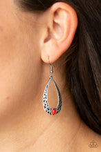 Load image into Gallery viewer, A shiny red bead is pressed into the bottom of a teardrop frame embossed in silver vine-like filigree for a whimsical look. Earring attaches to a standard fishhook fitting.  Sold as one pair of earrings.  Always nickel and lead free.
