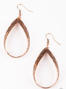 Scratched in shimmery textures, a glistening copper ribbon loops into a refined lure.  Earring attaches to a standard fishhook fitting.