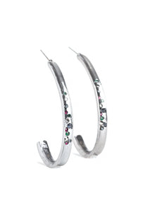 Featuring a concave surface, a glistening gunmetal ribbon is encrusted in a section of glassy blue, green, purple, and hematite rhinestones as it curves into a half-hoop. Earring attaches to a standard post fitting. Hoop measures approximately 1 1/4" in diameter.  Sold as one pair of hoop earrings.