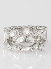 Load image into Gallery viewer, Featuring round and regal marquise style cuts, glittery white rhinestones stack across the finger in two glittery bands. Features a stretchy band for a flexible fit.  Sold as one individual ring.