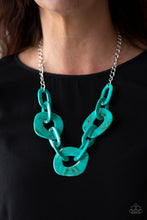 Load image into Gallery viewer, Brushed in a faux-marble finish, bold blue links connect below the collar for a statement making look. Features an adjustable clasp closure.  Sold as one individual necklace. Includes one pair of matching earrings.  Exclusive Summer 2019 Party Pack Item.  Always nickel and lead free.