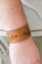 Load image into Gallery viewer, Strips of distressed leather laces are stitched across the front of a leather band, creating a rugged geometric pattern around the wrist. Features an adjustable snap closure.  Sold as one individual bracelet.  Always nickel and lead free.