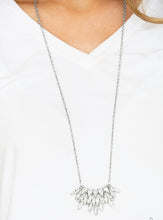 Load image into Gallery viewer, Featuring regal teardrop and marquise style cuts, glittery white rhinestones fan from the bottom of a lengthened silver chain for a dramatic look. Features an adjustable clasp closure.  Sold as one individual necklace. Includes one pair of matching earrings. 