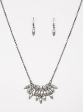 Load image into Gallery viewer, Featuring regal teardrop and marquise style cuts, glittery white rhinestones fan from the bottom of a lengthened gunmetal chain for a dramatic look. Features an adjustable clasp closure.  Sold as one individual necklace. Includes one pair of matching earrings.