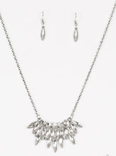Load image into Gallery viewer, Featuring regal teardrop and marquise style cuts, glittery white rhinestones fan from the bottom of a lengthened silver chain for a dramatic look. Features an adjustable clasp closure.  Sold as one individual necklace. Includes one pair of matching earrings.