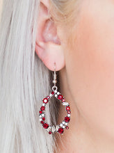 Load image into Gallery viewer, Featuring classic round and edgy emerald style cuts, glassy white and red rhinestones are encrusted along a silver teardrop frame for a sassy look. Earring attaches to a standard fishhook fitting.  Sold as one pair of earrings.  Always nickel and lead free.