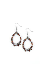 Load image into Gallery viewer, Featuring classic round and edgy emerald style cuts, glassy red, white, and topaz rhinestones are encrusted along a silver teardrop frame for a sassy look. Earring attaches to a standard fishhook fitting. Sold as one pair of earrings.