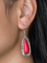 Load image into Gallery viewer, Chiseled into a tranquil teardrop, a fiery red stone is pressed into the center of a shimmery silver frame radiating with hammered details for an artisan inspired look. Earring attaches to a standard fishhook fitting.  Sold as one pair of earrings.