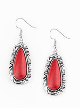 Load image into Gallery viewer, Chiseled into a tranquil teardrop, a fiery red stone is pressed into the center of a shimmery silver frame radiating with hammered details for an artisan inspired look. Earring attaches to a standard fishhook fitting. Sold as one pair of earrings.