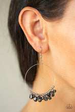 Load image into Gallery viewer, Infused with dainty silver beads, a glittery collection of smoky and metallic crystal-like beads glide along the bottom of a silver wire hoop, creating a gorgeous fringe. Earring attaches to a standard fishhook fitting.  Sold as one pair of earrings.  Always nickel and lead free.