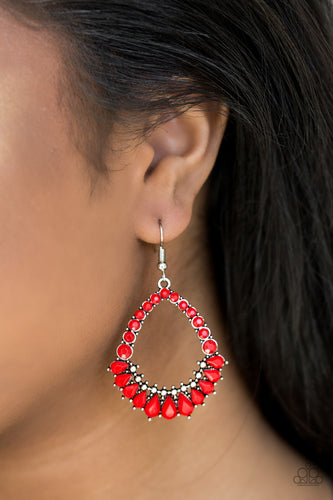 Featuring tranquil teardrop and round cuts, red beads are pressed into a teardrop-shaped frame for a summery look. Earring attaches to standard fishhook fitting.  Sold as one pair of earrings.     Always nickel and lead free. 