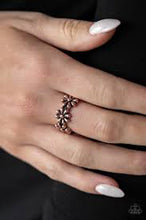 Load image into Gallery viewer, A row of dainty copper daisies connect across the finger, coalescing into a whimsical band. Features a dainty stretchy band for a flexible fit.  Sold as one individual ring.   Always nickel and lead free.