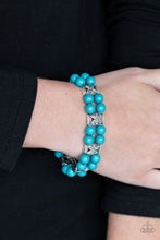 Load image into Gallery viewer,   Double rows of vibrant blue beads and floral silver frames are threaded along stretchy bands around the wrist for a whimsical flair.  Sold as one individual bracelet. Always nickel and lead free.