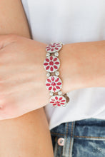 Load image into Gallery viewer, Painted in a rich red finish, ornate silver floral frames are threaded along a stretchy band across the wrist for a seasonal look.  Sold as one individual bracelet.  Always nickel and lead free. 