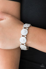 Load image into Gallery viewer, Painted in a neutral gray finish, ornate silver floral frames are threaded along a stretchy band across the wrist for a seasonal look.  Sold as one individual bracelet.   Always nickel and lead free.