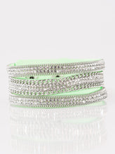Load image into Gallery viewer, Rows of shimmery silver chains and glassy white rhinestones are encrusted along a green suede band. The glittery band has been spliced into three strands, creating row after row of blinding shimmer for a sassy look. Features an adjustable snap closure.  Sold as one individual bracelet. 