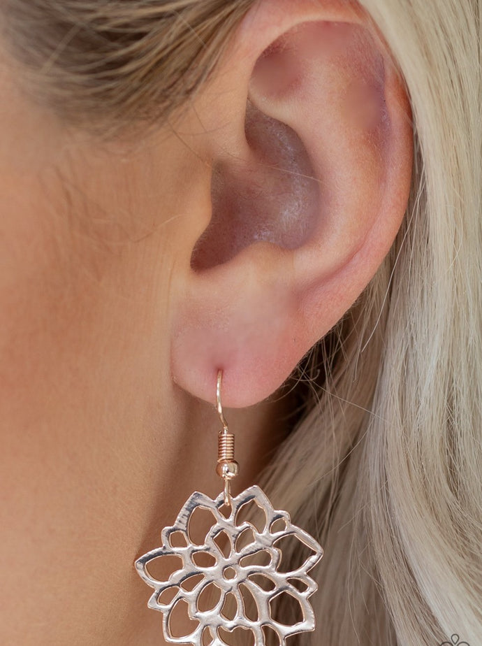 Brushed in a high-sheen finish, shimmery rose gold filigree bursts into an airy blossom for a seasonal look. Earring attaches to a standard fishhook fitting.  Sold as one pair of earrings.  Always nickel and lead free.