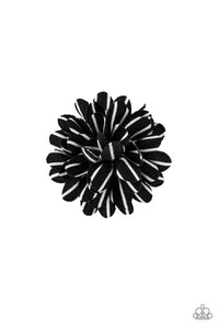 Striped in white, soft black petals gather into two dainty blossoms for a seasonal flair. Features a standard hair clip on the back.  Sold as one pair of hair clips.  Always nickel and lead free.