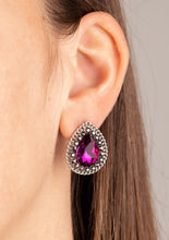 Load image into Gallery viewer, A glittery pink teardrop gem is pressed into the center of a silver frame radiating with glittery hematite rhinestones. A chain of shimmery silver links border the sparkling center for an edgy elegance. Earring attaches to a standard post fitting.  Sold as one pair of post earrings.