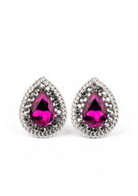 Load image into Gallery viewer, A glittery pink teardrop gem is pressed into the center of a silver frame radiating with glittery hematite rhinestones. A chain of shimmery silver links border the sparkling center for an edgy elegance. Earring attaches to a standard post fitting.  Sold as one pair of post earrings.