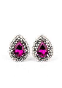 A glittery pink teardrop gem is pressed into the center of a silver frame radiating with glittery hematite rhinestones. A chain of shimmery silver links border the sparkling center for an edgy elegance. Earring attaches to a standard post fitting.  Sold as one pair of post earrings.