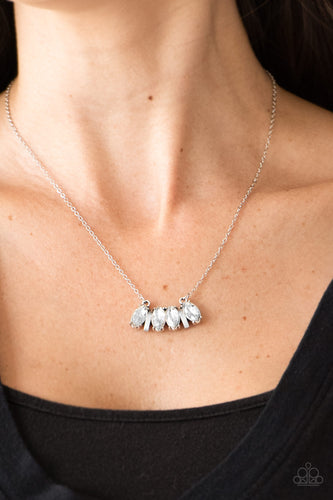Featuring elegant marquise style cuts, white rhinestones join with silver accents below the collar, creating a dainty pendant. Features an adjustable clasp closure.  Sold as one individual necklace. Includes one pair of matching earrings.   Always nickel and lead free.
