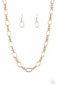 Pairs of joined gold links connect a collection of gold oval frames below the collar, creating an edgy chain. Features an adjustable clasp closure.  Sold as one individual necklace. Includes one pair of matching earrings.  Always nickel and lead free.  Fashion Fix Exclusive June 2021 