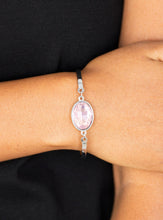Load image into Gallery viewer, Arcing silver bars connect to a faceted pink gem centerpiece, creating a dainty cuff-like bracelet around the wrist. Features an adjustable clasp closure.  Sold as one individual bracelet. 