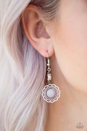 Dainty silver, gray stone, and wooden beads give way to a shimmery silver floral frame featuring a matching stone center for a seasonal look. Earring attaches to a standard fishhook fitting.  Sold as one pair of earrings.  Always nickel and lead free.