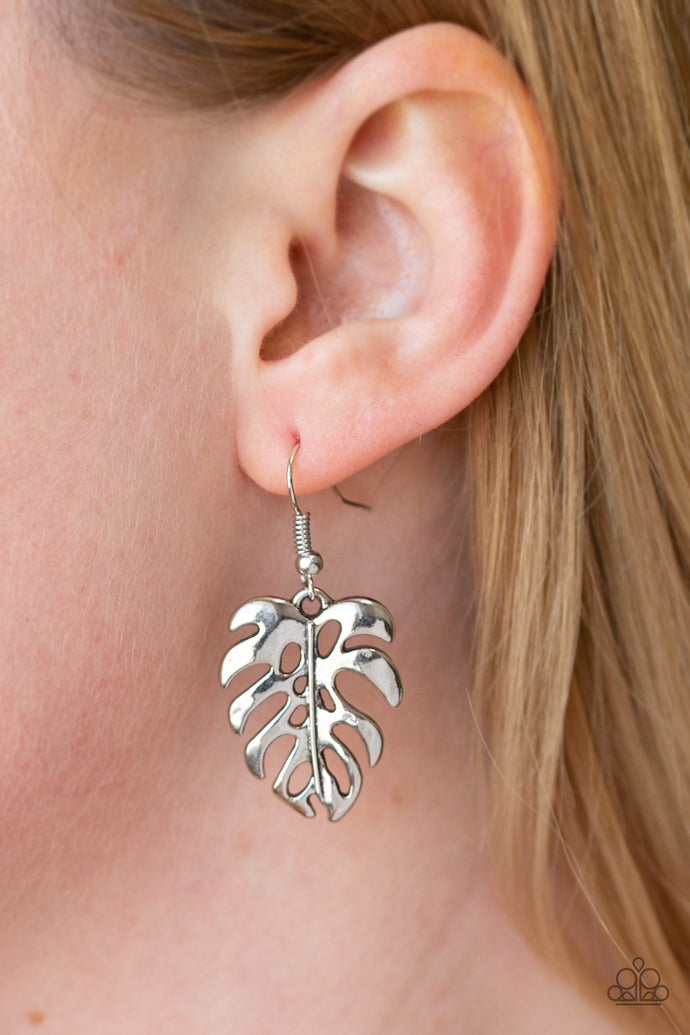 Brushed in a high-sheen finish, a silver palm leaf dangles from the ear for a summery look. Earring attaches to a standard fishhook fitting.  Sold as one pair of earrings.  Always nickel and lead free.