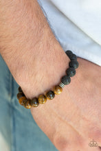 Load image into Gallery viewer, Essential Oil Alert!!  A collection of dainty silver accents, black lava rock beads, and earthy tiger&#39;s eye stones are threaded along a stretchy band around the wrist for a seasonal style.  Sold as one individual bracelet.  Always nickel and lead free.