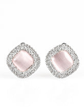 Load image into Gallery viewer, A dewy pink moonstone is pressed into a white rhinestone encrusted frame for a glamorous look. Earring attaches to a standard clip-on fitting.  Sold as one pair of clip-on earrings.