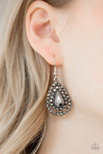Load image into Gallery viewer, Glittery hematite rhinestones spin around a teardrop gem, coalescing into a dazzling lure. Earring attaches to a standard fishhook fitting.  Sold as one pair of earrings.  Always nickel and lead free.