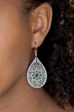 Load image into Gallery viewer, Featuring an elegant filigree filled backdrop, a shimmery silver teardrop swings from the ear. Dainty green rhinestones are sprinkled across the frame for a glamorous finish. Earring attaches to a standard fishhook fitting.  Sold as one pair of earrings.  Always nickel and lead free.