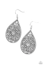 Load image into Gallery viewer, Featuring an elegant filigree filled backdrop, a shimmery silver teardrop swings from the ear