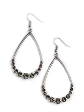 Load image into Gallery viewer, The bottom of a shimmering silver teardrop is encrusted in glassy smoky rhinestones for a dramatic finish. Earring attaches to a standard fishhook fitting.  Sold as one pair of earrings.