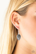 Load image into Gallery viewer, Embossed in whimsical antiqued textures, a shimmery silver teardrop frame swings from the ear. A dainty black bead is pressed into the top of the frame for a colorful finish. Earring attaches to a standard fishhook fitting.  Sold as one pair of earrings.  Always nickel and lead free.