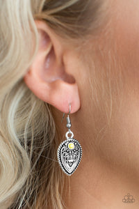 Embossed in whimsical antiqued textures, a shimmery silver teardrop frame swings from the ear. A dainty yellow bead is pressed into the top of the frame for a colorful finish. Earring attaches to a standard fishhook fitting.  Sold as one pair of earrings.  Always nickel and lead free.