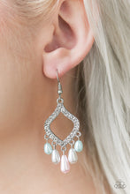 Load image into Gallery viewer, Encrusted in glassy white rhinestones, a shimmery silver frame gives way to a pearly pink, silver, and blue fringe for an elegant fashion. Earring attaches to a standard fishhook fitting.  Sold as one pair of earrings.  Always nickel and lead free.