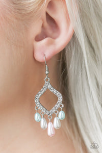 Encrusted in glassy white rhinestones, a shimmery silver frame gives way to a pearly pink, silver, and blue fringe for an elegant fashion. Earring attaches to a standard fishhook fitting.  Sold as one pair of earrings.  Always nickel and lead free.