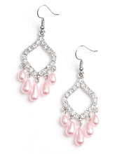 Load image into Gallery viewer, Encrusted in glassy white rhinestones, a shimmery silver frame gives way to a pearly pink fringe for an elegant fashion. Earring attaches to a standard fishhook fitting.  Sold as one pair of earrings.