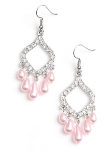 Encrusted in glassy white rhinestones, a shimmery silver frame gives way to a pearly pink fringe for an elegant fashion. Earring attaches to a standard fishhook fitting.  Sold as one pair of earrings.