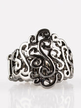 Load image into Gallery viewer, Glistening gunmetal filigree swirls across the finger for a seasonal look. Features a stretchy band for a flexible fit.  Sold as one individual ring.