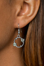 Load image into Gallery viewer, Glittery smoky rhinestones dot a dainty silver hoop, creating a bubbly lure. Earring attaches to a standard fishhook fitting.  Sold as one pair of earrings.  Always nickel and lead free.