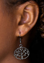 Load image into Gallery viewer, Brushed in an antiqued shimmer, a glistening tree branches out across a dainty gunmetal frame for a whimsical look. Earring attaches to a standard fishhook fitting.  Tree of Life  Sold as one pair of earrings.  